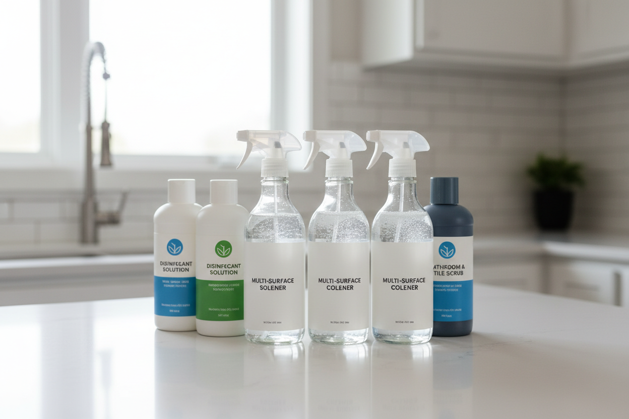 Home Cleaning Supplies

Multi-Surface Cleaners: Safe for countertops, tables, and other surfaces.

Disinfectants & Sanitizers: Protect your home from germs effectively.

Specialty Cleaners: For kitchens, bathrooms, and hard-to-clean areas. (make it real photo)